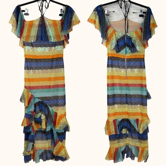 Alice + Olivia | Annabeth Sequin Embroidered Mesh Rainbow Striped Ruffle Dress - Picture 7 of 16